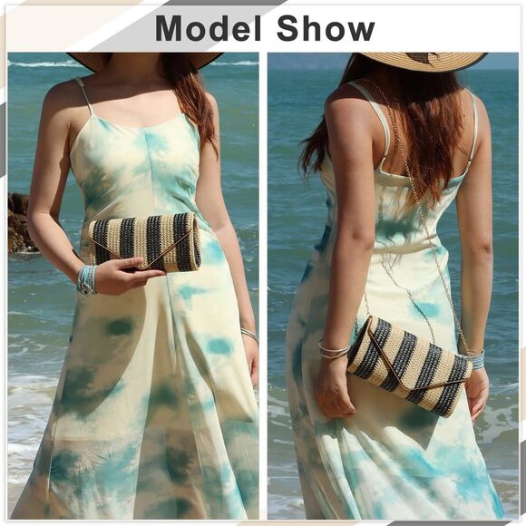 Summer Beach Woven Straw Envelope Clutch with Chain Strap - Picture 2 of 7